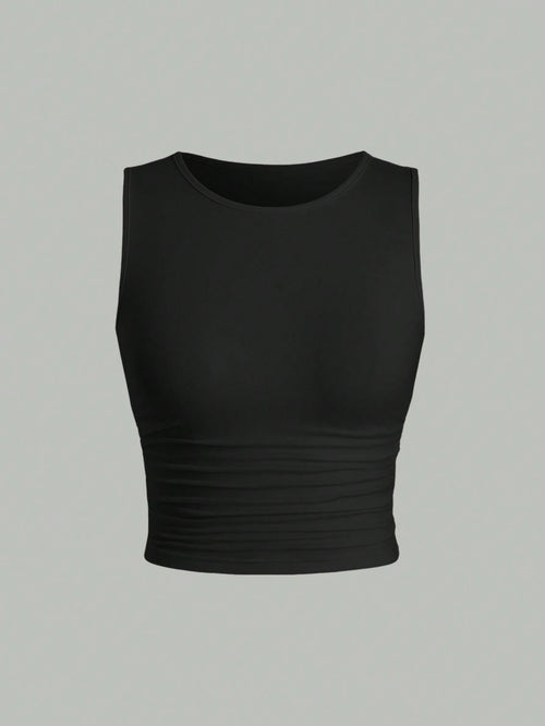 Sweetra Solid Color Pleated Tank Top