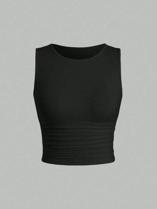 Sweetra Solid Color Pleated Tank Top