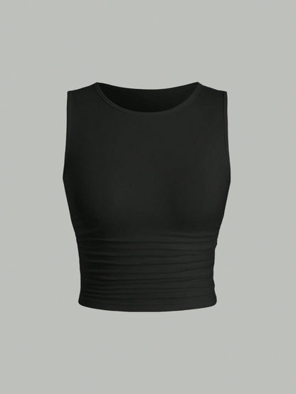 Sweetra Solid Color Pleated Tank Top