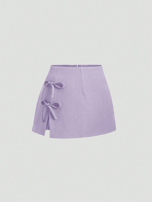 Sweetra Spring/Summer Bowknot Tie Waist Sexy Slit A-Line Mini Skirt For Women