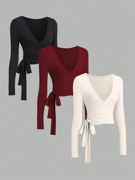Sweetra Summer 3-Piece Set Black Autumn V-Neck Wrap Long Sleeve Cropped T-Shirt,Minimalist Bandage Open Front Tie Sports Fitness Night Out Solid Top