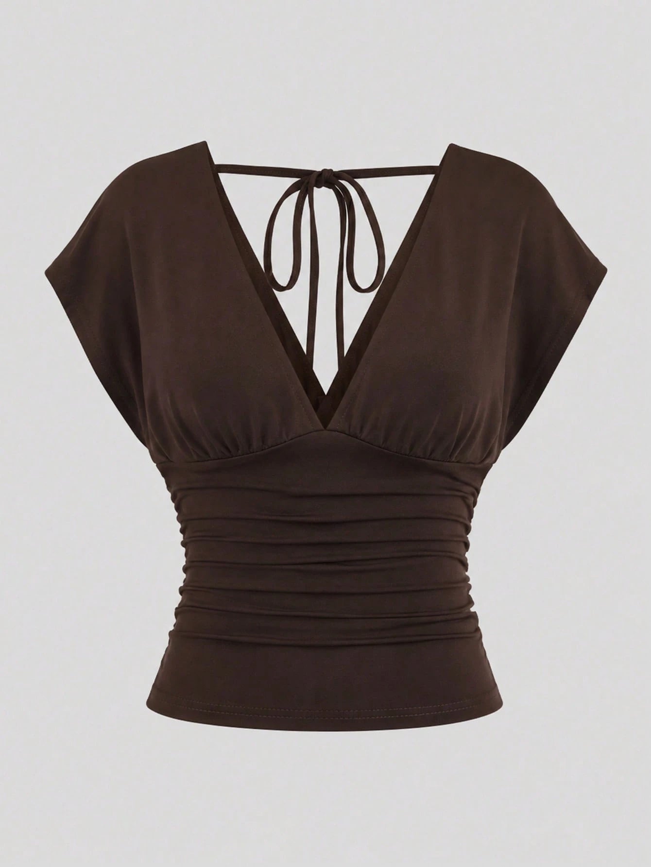 Sweetra Summer Dark Brown V-Neck Backless Tie-Waist Ruched Short Sleeve Elegant Cropped Plus Size Women's Top