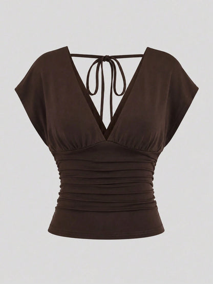 Sweetra Summer Dark Brown V-Neck Backless Tie-Waist Ruched Short Sleeve Elegant Cropped Plus Size Women's Top