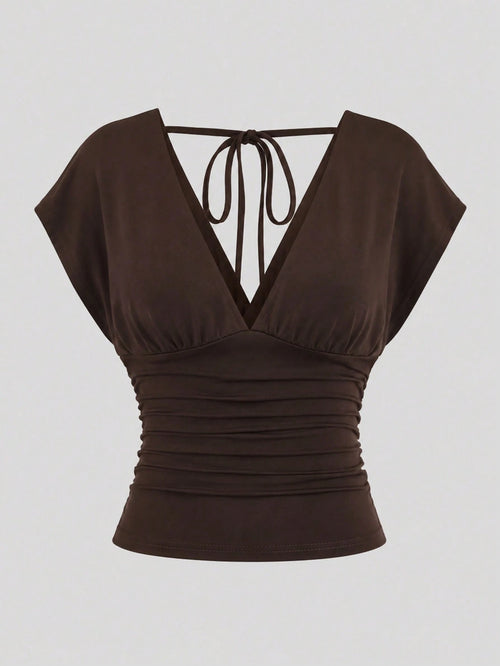 Sweetra Summer Dark Brown V-Neck Backless Tie-Waist Ruched Short Sleeve Elegant Cropped Plus Size Women's Top