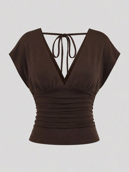 Sweetra Summer Dark Brown V-Neck Backless Tie-Waist Ruched Short Sleeve Elegant Cropped Plus Size Women's Top