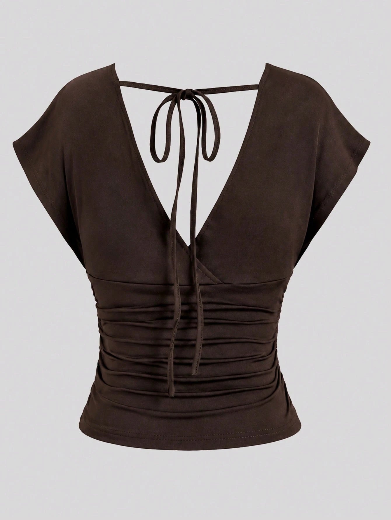 Sweetra Summer Dark Brown V-Neck Backless Tie-Waist Ruched Short Sleeve Elegant Cropped Plus Size Women's Top