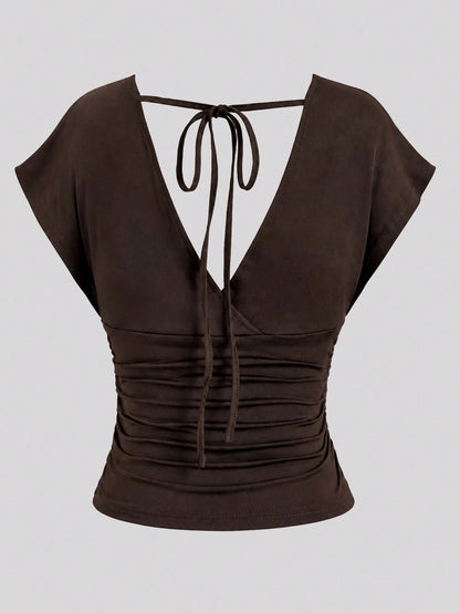 Sweetra Summer Dark Brown V-Neck Backless Tie-Waist Ruched Short Sleeve Elegant Cropped Plus Size Women's Top