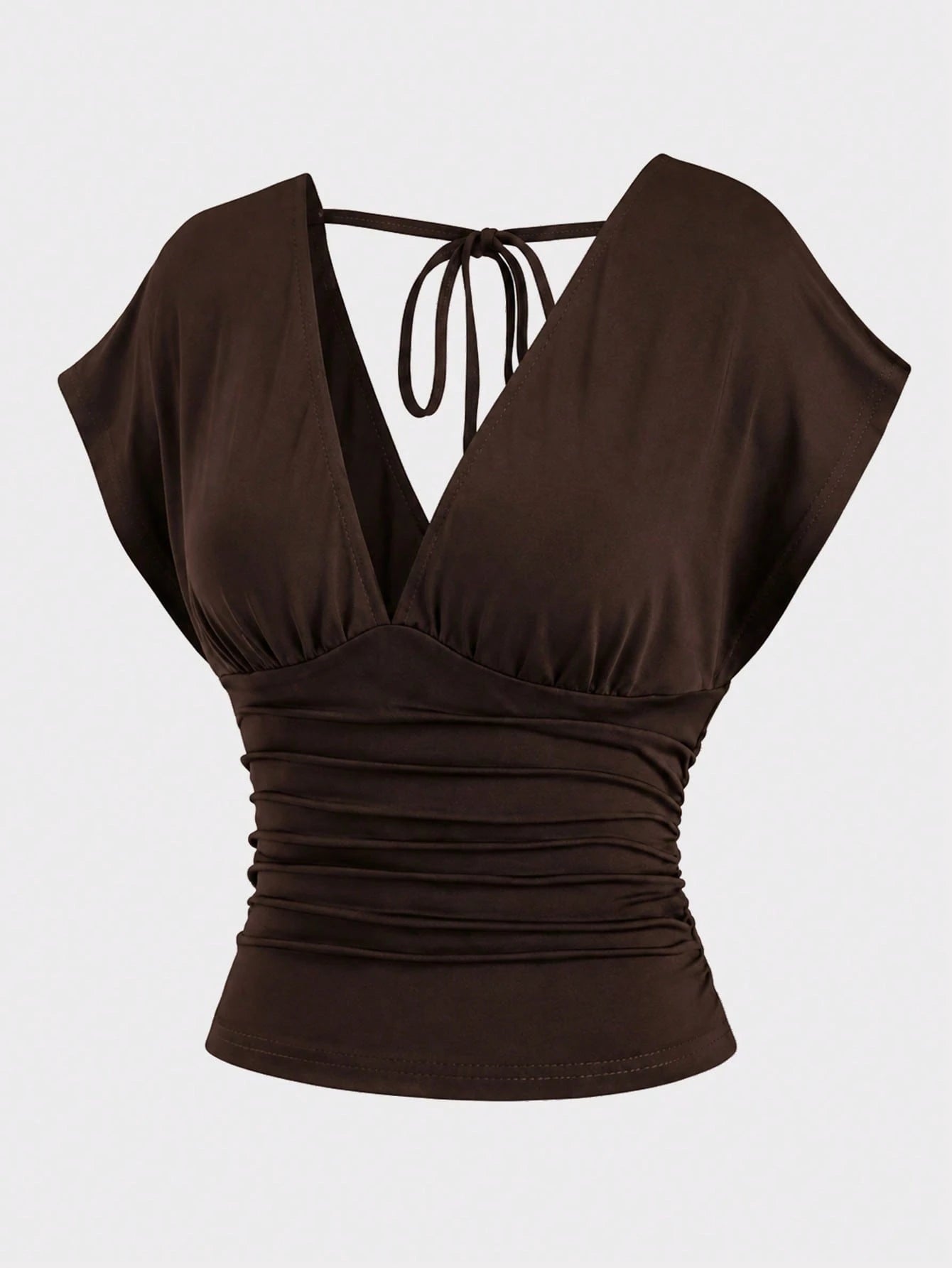 Sweetra Summer Dark Brown V-Neck Backless Tie-Waist Ruched Short Sleeve Elegant Cropped Plus Size Women's Top