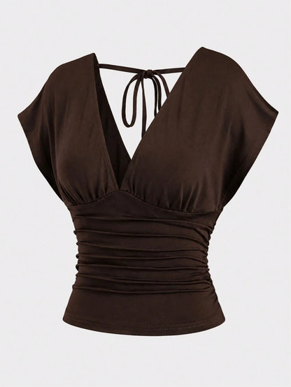 Sweetra Summer Dark Brown V-Neck Backless Tie-Waist Ruched Short Sleeve Elegant Cropped Plus Size Women's Top
