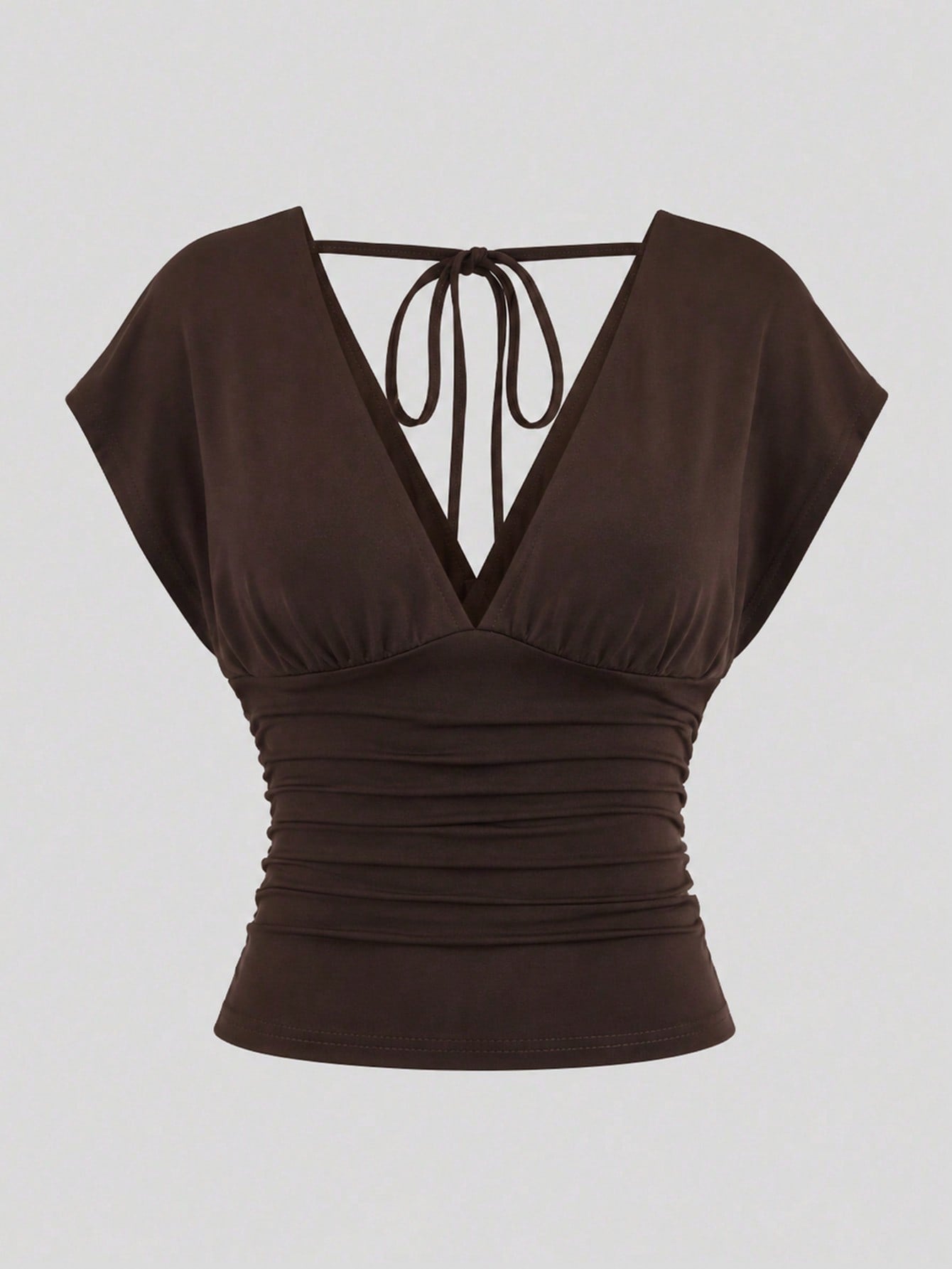 Sweetra Summer Dark Brown V-Neck Backless Tie-Waist Ruched Short Sleeve Elegant Cropped Plus Size Women's Top