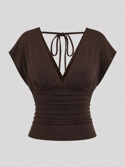 Sweetra Summer Dark Brown V-Neck Backless Tie-Waist Ruched Short Sleeve Elegant Cropped Plus Size Women's Top