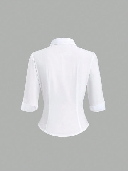 Sweetra Women's Business Casual Stylish Shirt With Tie, Fitted Waist, 3/4 Sleeve, Versatile Office Wear