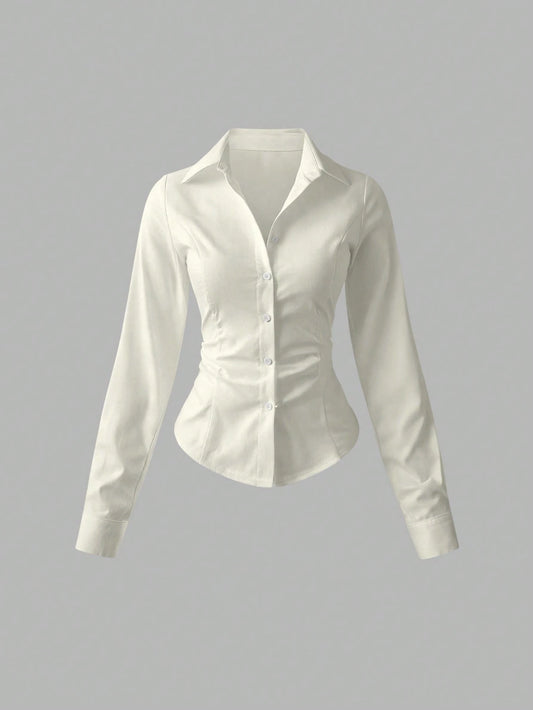 Sweetra Women's Casual Versatile Solid Color Waist Cinched Shirt