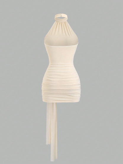 Sweetra Women's Elegant Fitted Romantic Pleated Halter Knit Dress