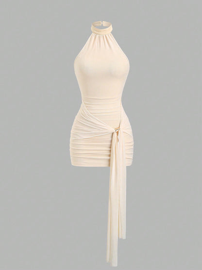 Sweetra Women's Elegant Fitted Romantic Pleated Halter Knit Dress