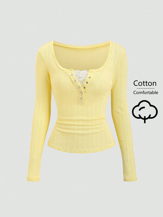 Sweetra Women's Half-Open Cuff Eyelet Lace Trim Solid Color Long Sleeve T-Shirt