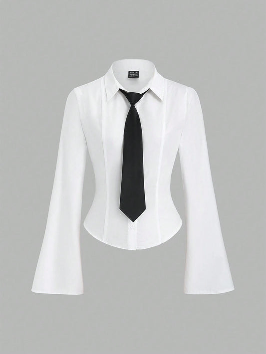 Sweetra Women's New Collegiate Basic Minimalist Commuter Cinched Waist Long Sleeve Tie Collar Blouse