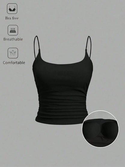 Sweetra Women's Solid Color Spaghetti Strap Tank Top With Built-In Bra, Simple Casual Personalized Versatile Camisole
