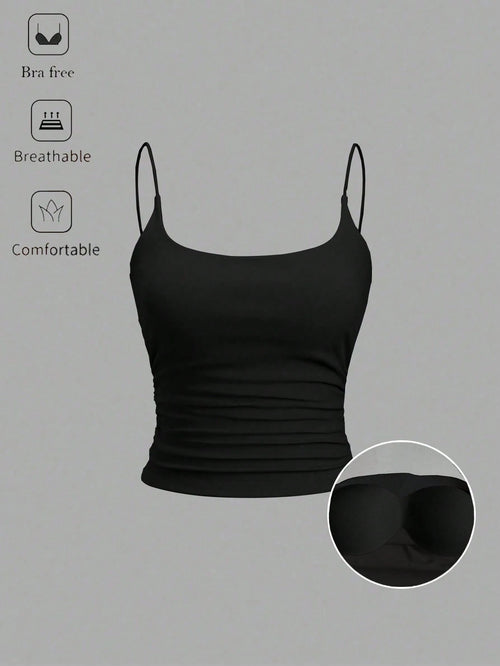 Sweetra Women's Solid Color Spaghetti Strap Tank Top With Built-In Bra, Simple Casual Personalized Versatile Camisole
