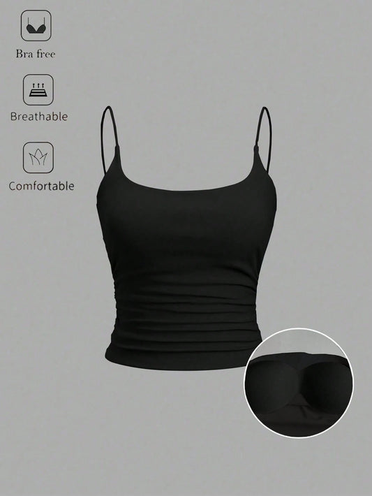 Sweetra Women's Solid Color Spaghetti Strap Tank Top With Built-In Bra, Simple Casual Personalized Versatile Camisole