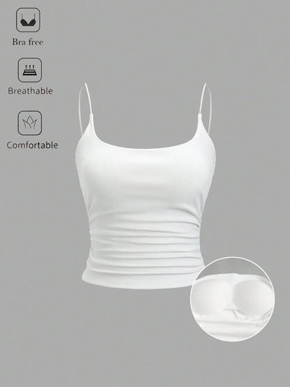 Sweetra Women's Solid Color Spaghetti Strap Tank Top With Built-In Bra, Simple Casual Personalized Versatile Camisole
