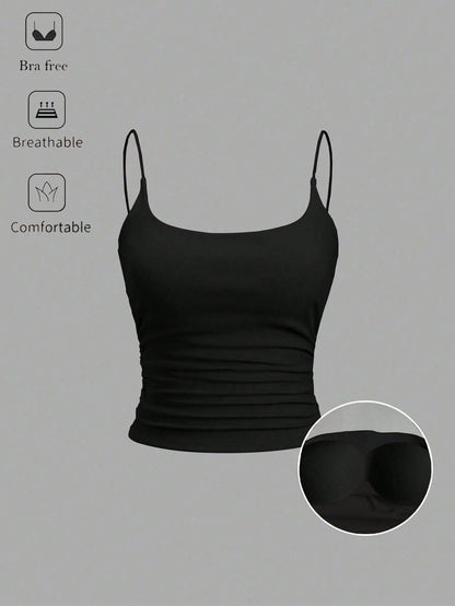 Sweetra Women's Solid Color Spaghetti Strap Tank Top With Built-In Bra, Simple Casual Personalized Versatile Camisole