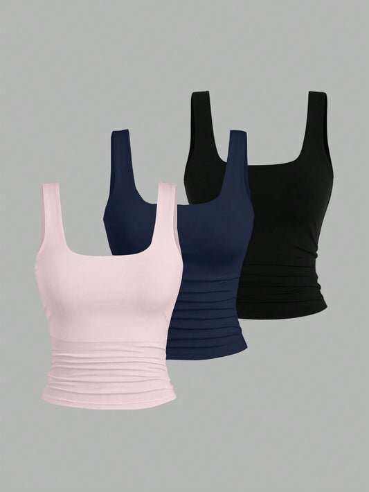 Sweetra Women's Solid Color Square Neck Pleated Casual Versatile Tank Top