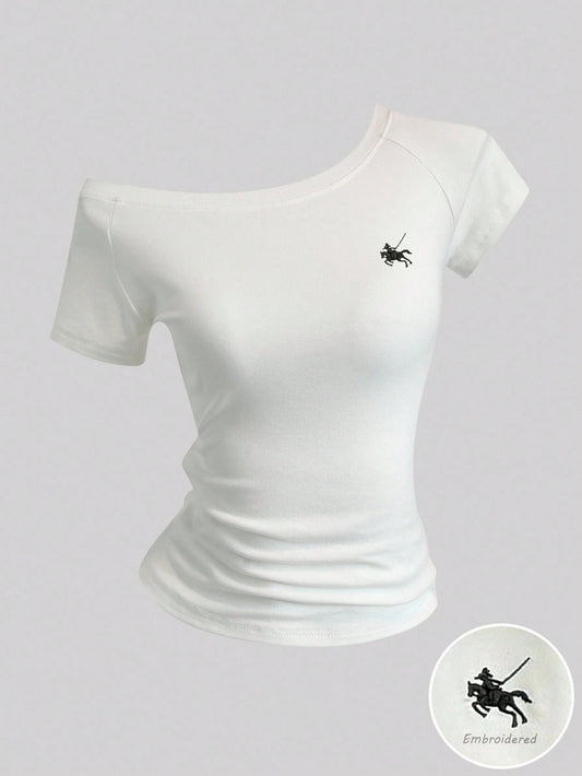 Sweetra Women's Summer Asymmetrical Shoulder T-Shirt Top, Embroidered Knight Riding Horse Logo, White Short Sleeve