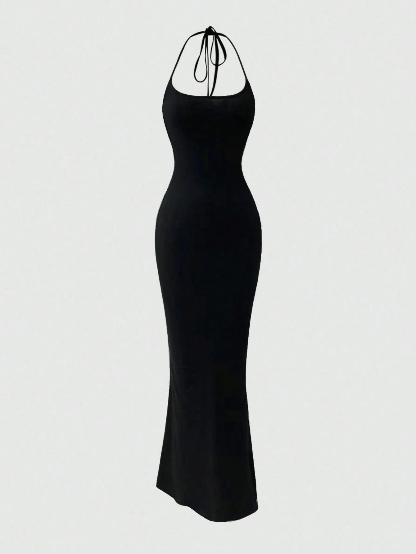 Sweetra Women Solid Color Minimalist Halter Tie Neck Velvet Long Black Homecoming Dress Maxi Women Outfit