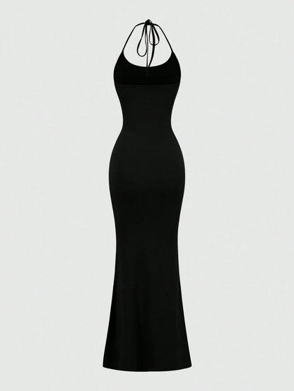 Sweetra Women Solid Color Minimalist Halter Tie Neck Velvet Long Black Homecoming Dress Maxi Women Outfit