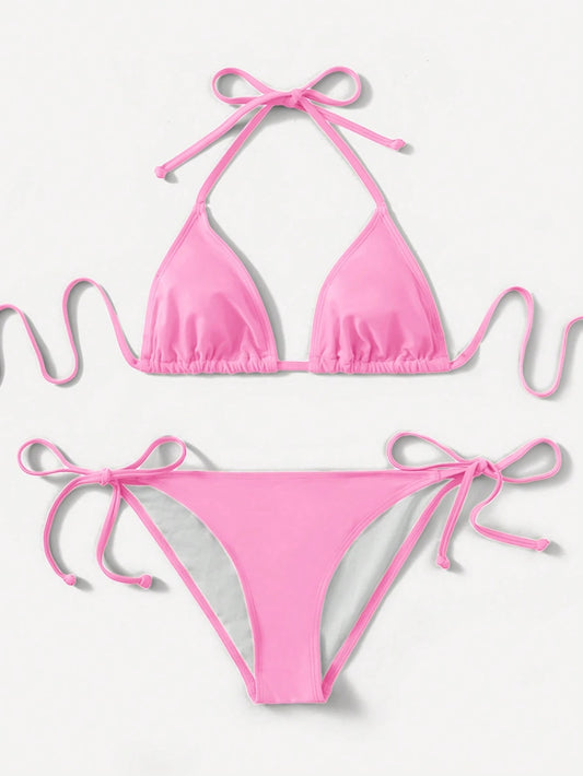 Swim 2025 Solid Color Tie-Up Bikini Swimwear, Vacation & Beach