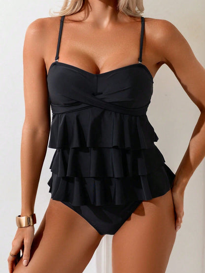 Swim Basics & Elegant Women Tankini Swimwear Set,Multi-Layer Ruffle Trim Black Solid Color,Removable Strap Halter Neck,Summer Beach Holiday Holiday,Holiday