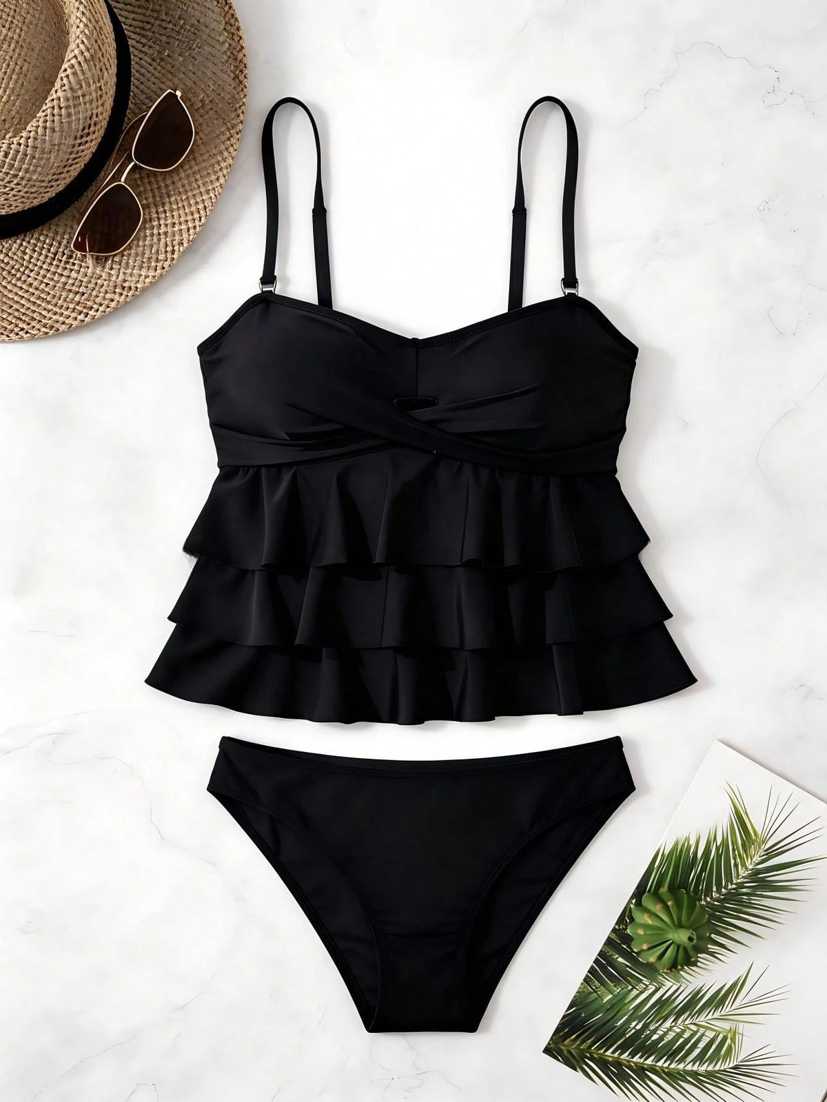 Swim Basics & Elegant Women Tankini Swimwear Set,Multi-Layer Ruffle Trim Black Solid Color,Removable Strap Halter Neck,Summer Beach Holiday Holiday,Holiday