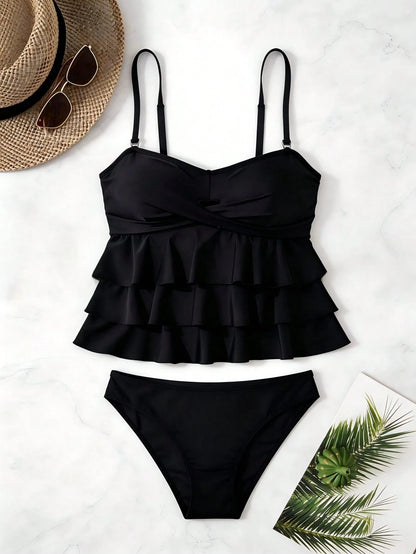 Swim Basics & Elegant Women Tankini Swimwear Set,Multi-Layer Ruffle Trim Black Solid Color,Removable Strap Halter Neck,Summer Beach Holiday Holiday,Holiday