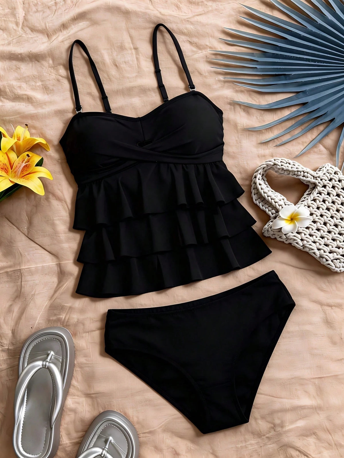 Swim Basics & Elegant Women Tankini Swimwear Set,Multi-Layer Ruffle Trim Black Solid Color,Removable Strap Halter Neck,Summer Beach Holiday Holiday,Holiday