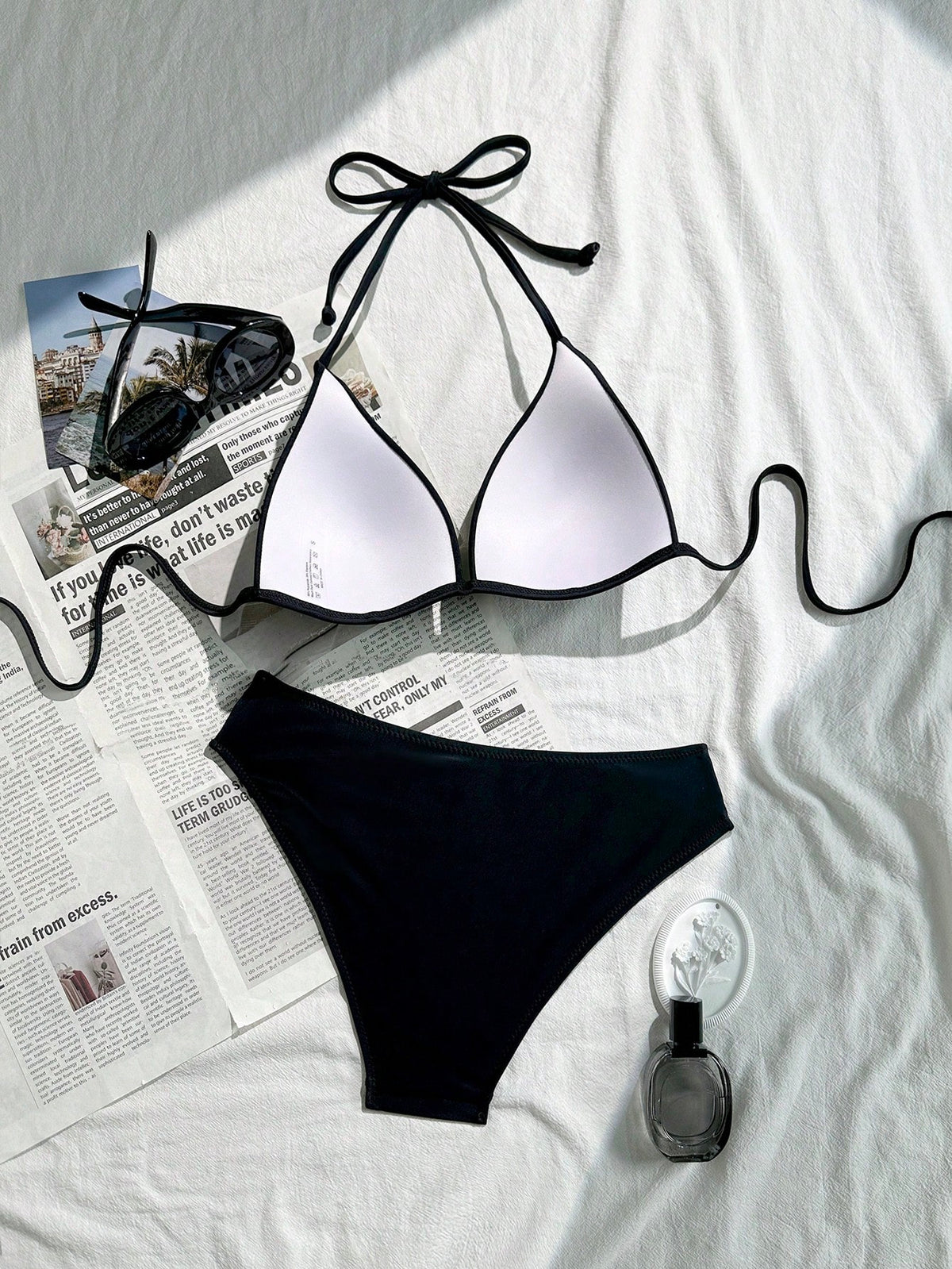 Swim Basics Women's Elegant Black Bikini Set,Triangle Cup Lifting Halter Top,Crisscross Side String Swim Bottoms,Summer Beach Party,Holiday,Basic Solid Swimwear
