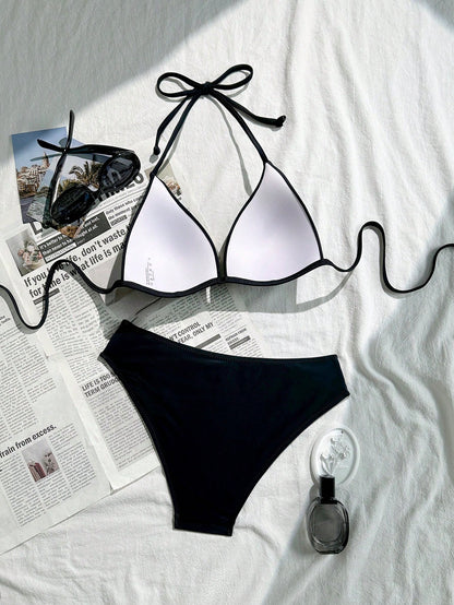Swim Basics Women's Elegant Black Bikini Set,Triangle Cup Lifting Halter Top,Crisscross Side String Swim Bottoms,Summer Beach Party,Holiday,Basic Solid Swimwear