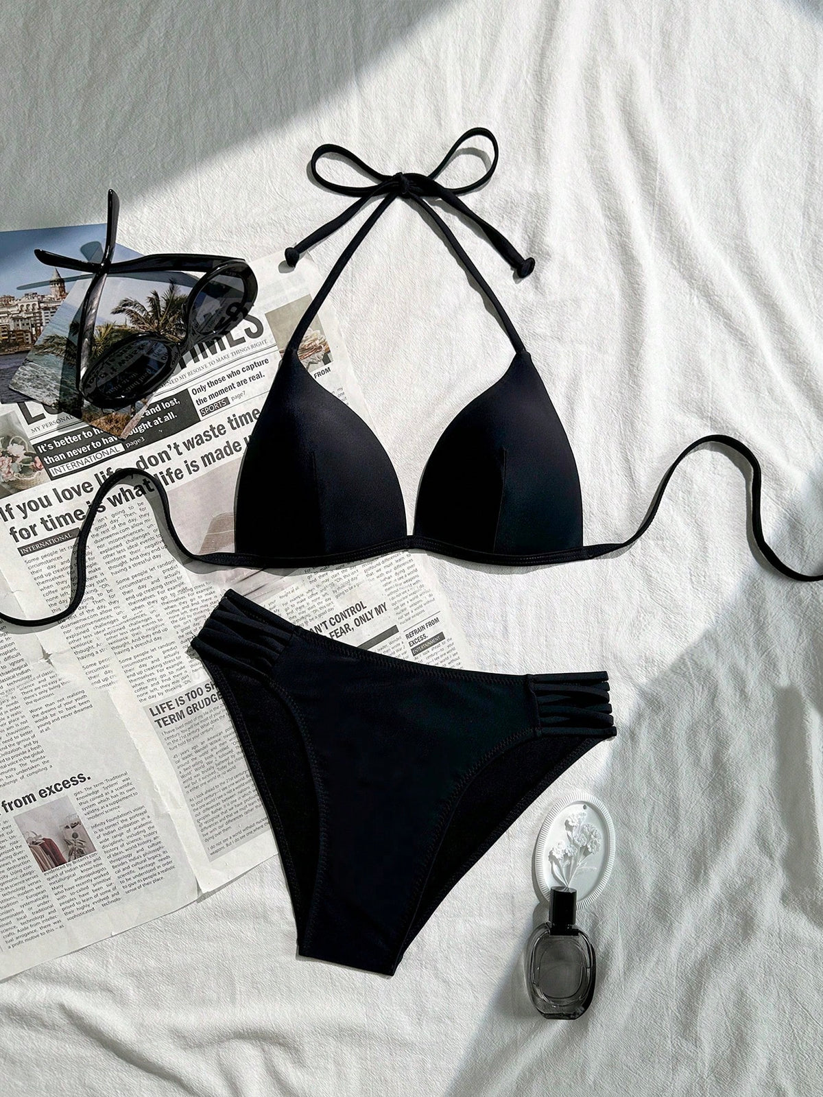 Swim Basics Women's Elegant Black Bikini Set,Triangle Cup Lifting Halter Top,Crisscross Side String Swim Bottoms,Summer Beach Party,Holiday,Basic Solid Swimwear
