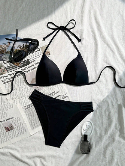 Swim Basics Women's Elegant Black Bikini Set,Triangle Cup Lifting Halter Top,Crisscross Side String Swim Bottoms,Summer Beach Party,Holiday,Basic Solid Swimwear