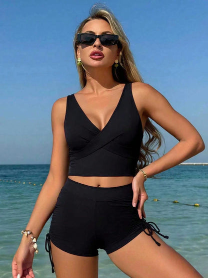 Swim Basics Women's Solid Color Criss-Cross Front Bralette And Boyshorts Casual Bikini Swimwear Set For Vacation,Summer Beach