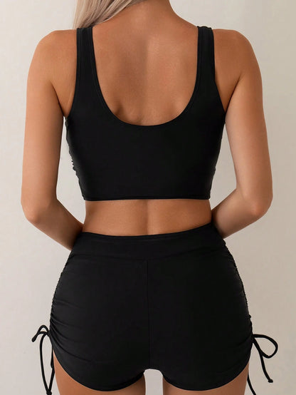 Swim Basics Women's Solid Color Criss-Cross Front Bralette And Boyshorts Casual Bikini Swimwear Set For Vacation,Summer Beach