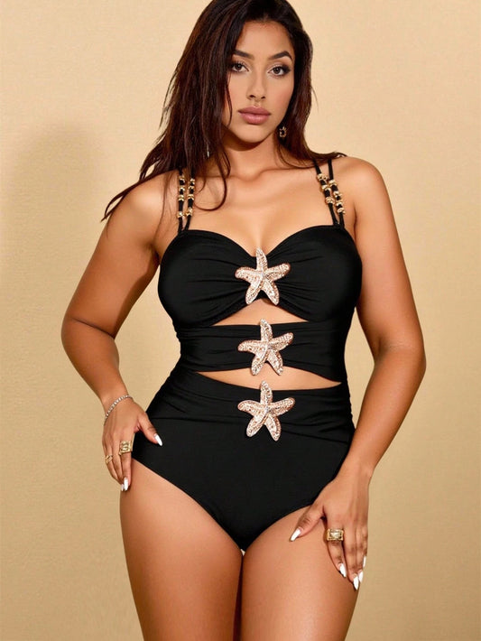Swim Chiccia 1pc Plus Size Women Metal Decor Minimalist One-Piece Swimwear, Summer Beach Holiday Outfit
