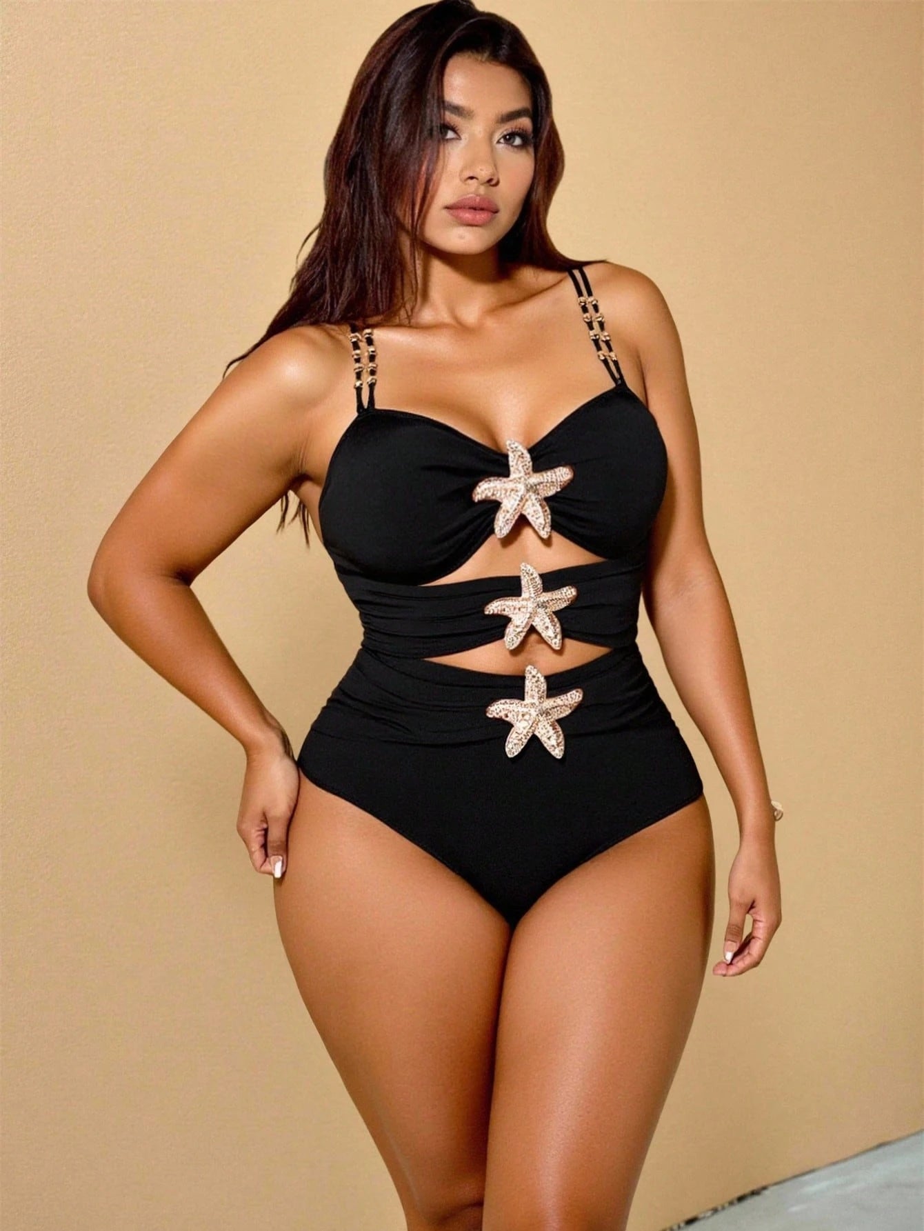 Swim Chiccia 1pc Plus Size Women Metal Decor Minimalist One-Piece Swimwear, Summer Beach Holiday Outfit