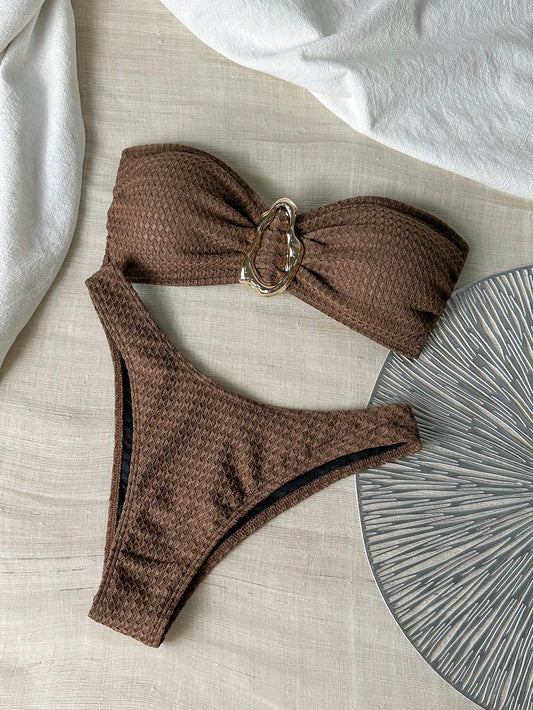 Swim Chiccia 2 Pcs Knitted Jacquard Underwire-Free Metal Decor Bandeau Top And Shorts Beach Bikini Set For Women, Summer Vacation