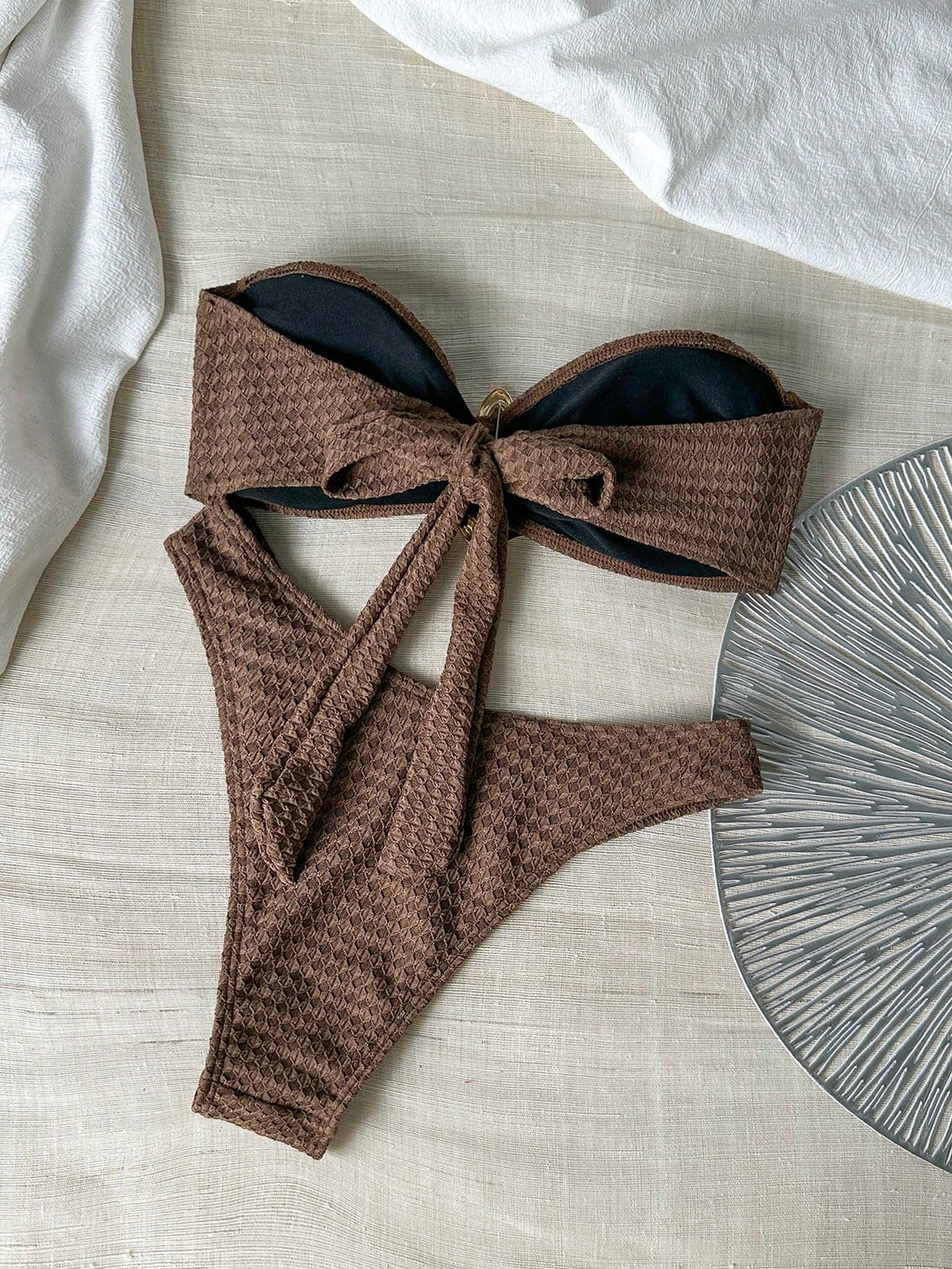 Swim Chiccia 2 Pcs Knitted Jacquard Underwire-Free Metal Decor Bandeau Top And Shorts Beach Bikini Set For Women, Summer Vacation