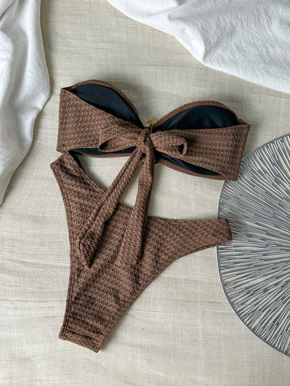 Swim Chiccia 2 Pcs Knitted Jacquard Underwire-Free Metal Decor Bandeau Top And Shorts Beach Bikini Set For Women, Summer Vacation