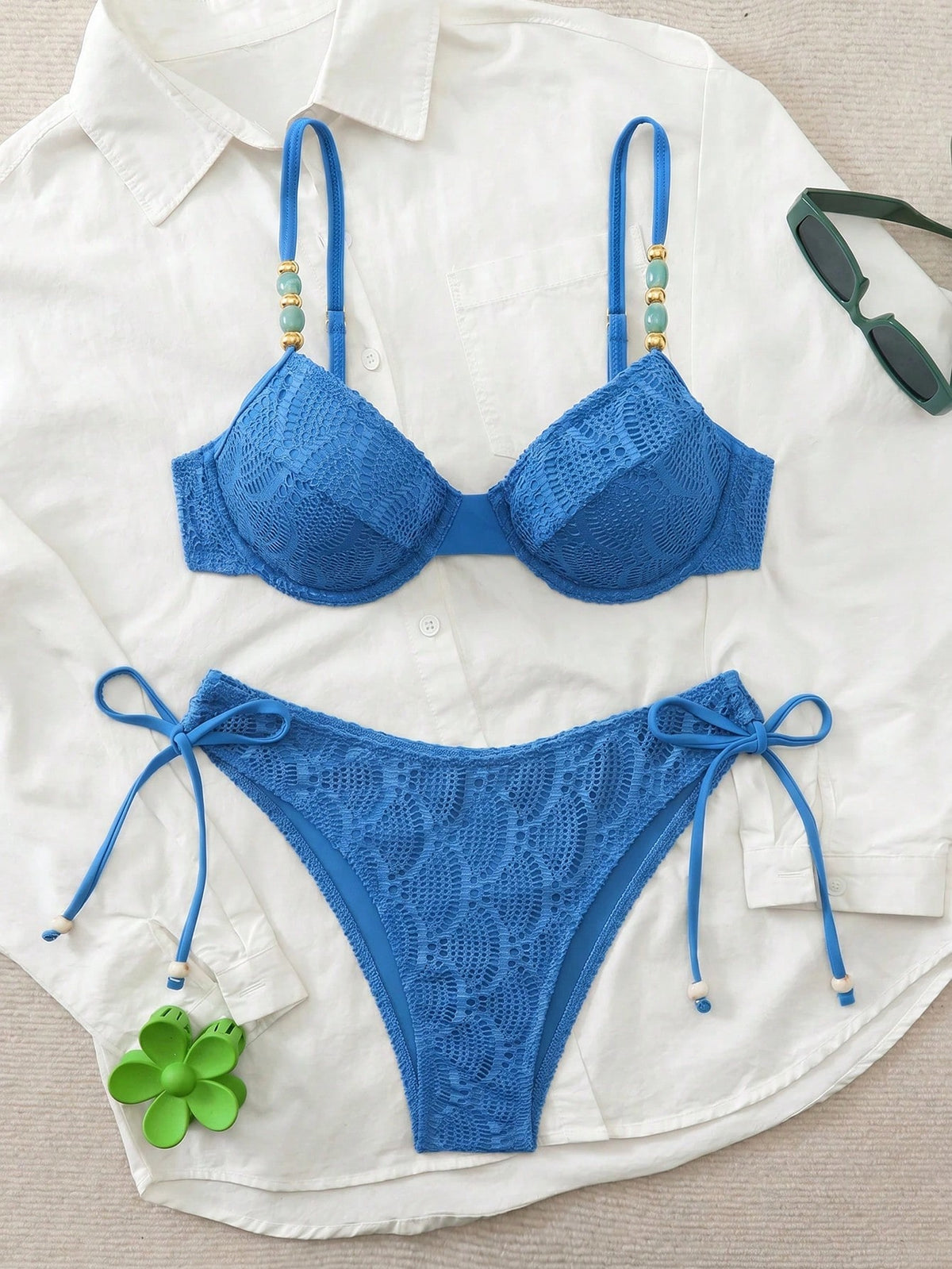 Swim Chiccia 26SS Spring/Summer Vacation Beach Textured Fabric Green Underwire Push-Up Swimsuit Two Pieces Set