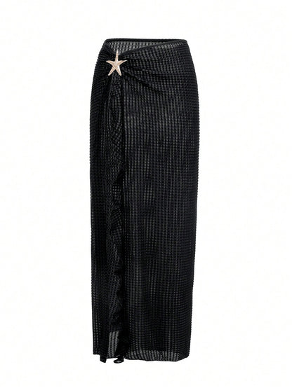 Swim Chiccia Women's Summer Beach Cover Up Dress, Solid Color Stand Collar Cover Up Style Skirt,High Slit Metallic Starfish Decor Swimsuit Sarong