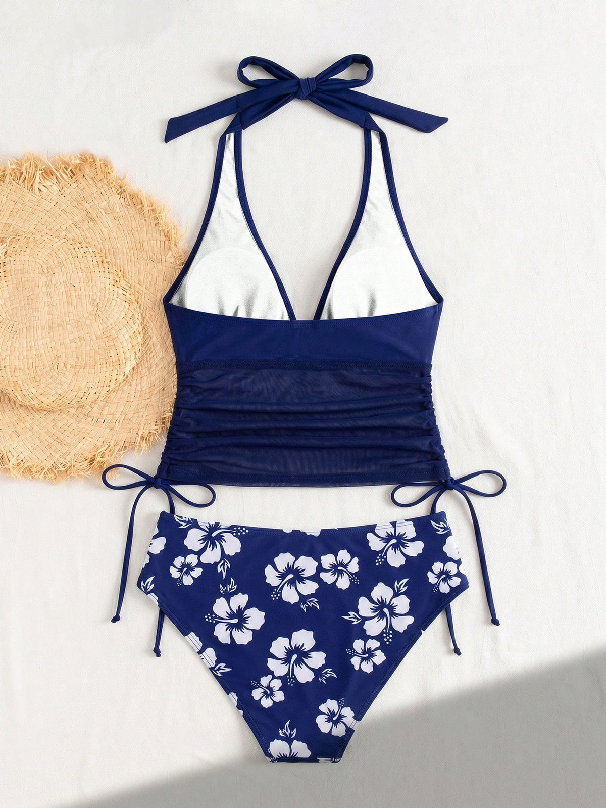 Swim Chiccia Women's Summer Beach Vacation Casual V-Neck Lace Navy Blue Solid Color Mesh Patchwork Halter Top With Adjustable Drawstring And Random Floral Print Blue & White Versatile High Waist Swim