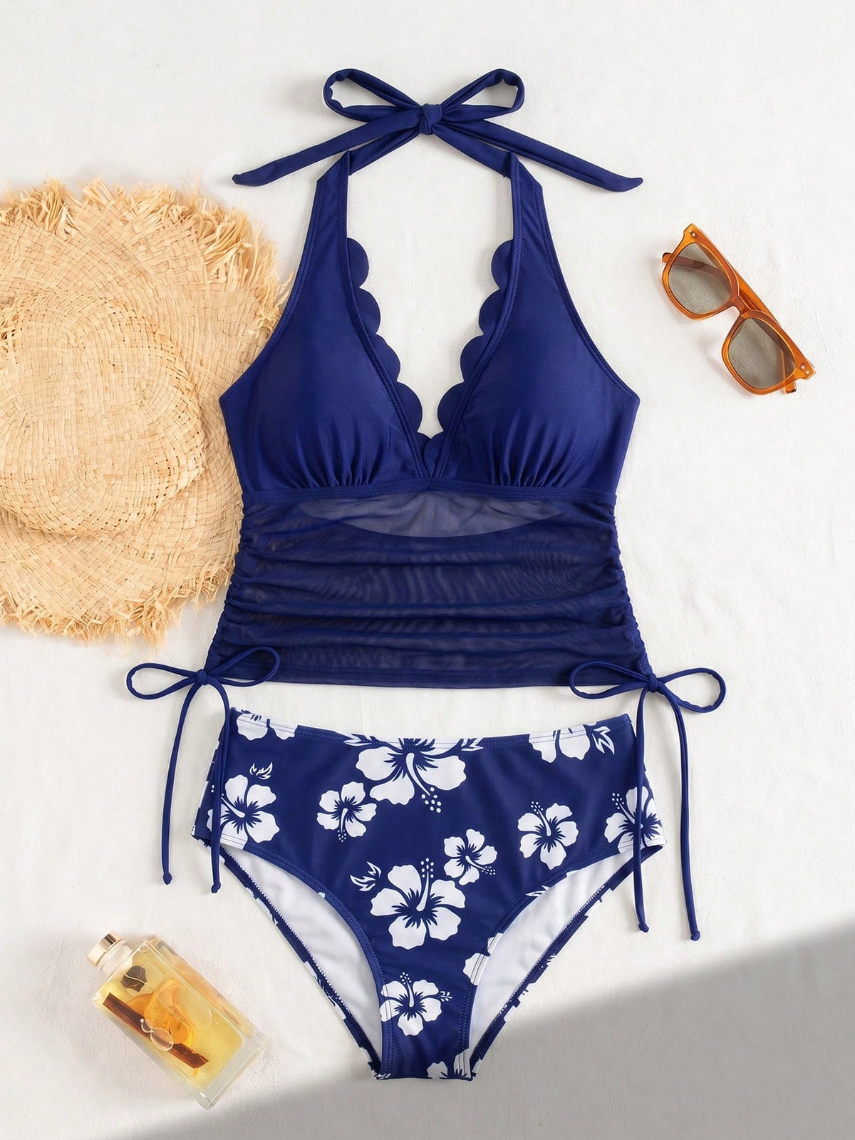 Swim Chiccia Women's Summer Beach Vacation Casual V-Neck Lace Navy Blue Solid Color Mesh Patchwork Halter Top With Adjustable Drawstring And Random Floral Print Blue & White Versatile High Waist Swim